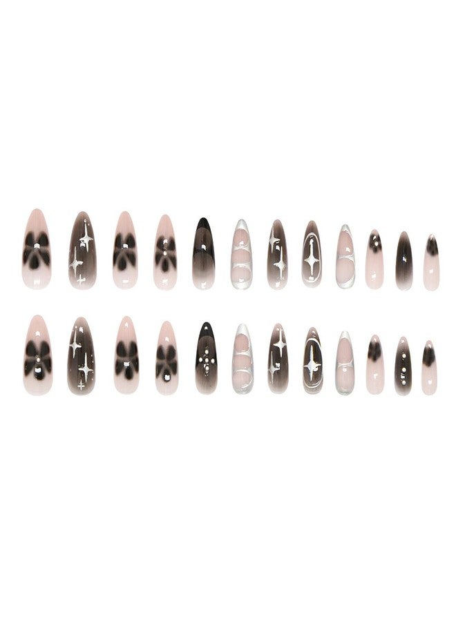 KRTBKR 24Pcs Black Press on Nails Medium Almond Fake Nails Black Flower with Silver Star Full Cover Glue on Nails Reusable Acrylic Star False Nails Glossy Stick on Nails for Women Girls Manicure Salon Kits - Image 5